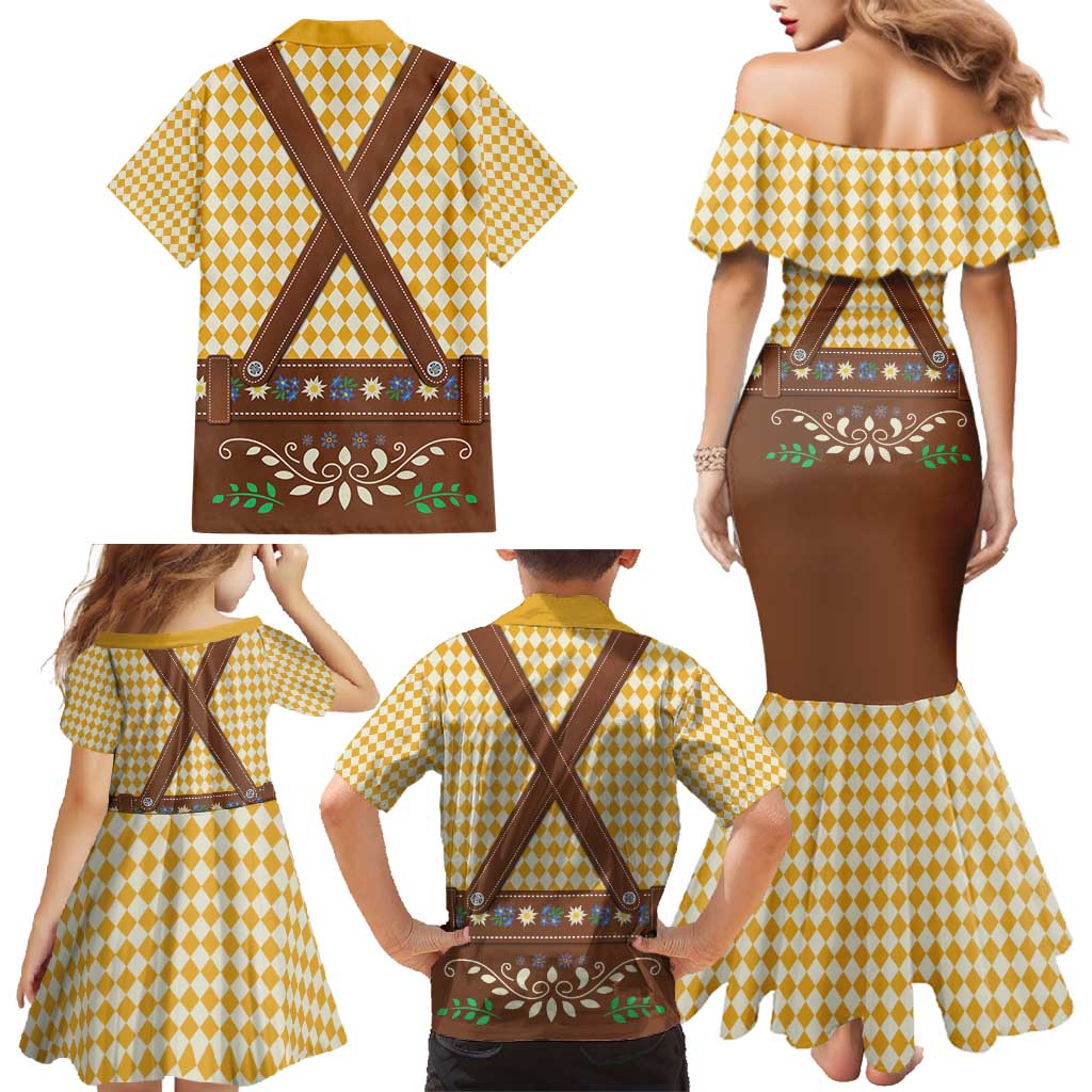 Lederhosen Oktoberfest Family Matching Mermaid Dress and Hawaiian Shirt Gold Edelweiss Floral Polka Dots - Wonder Print Shop