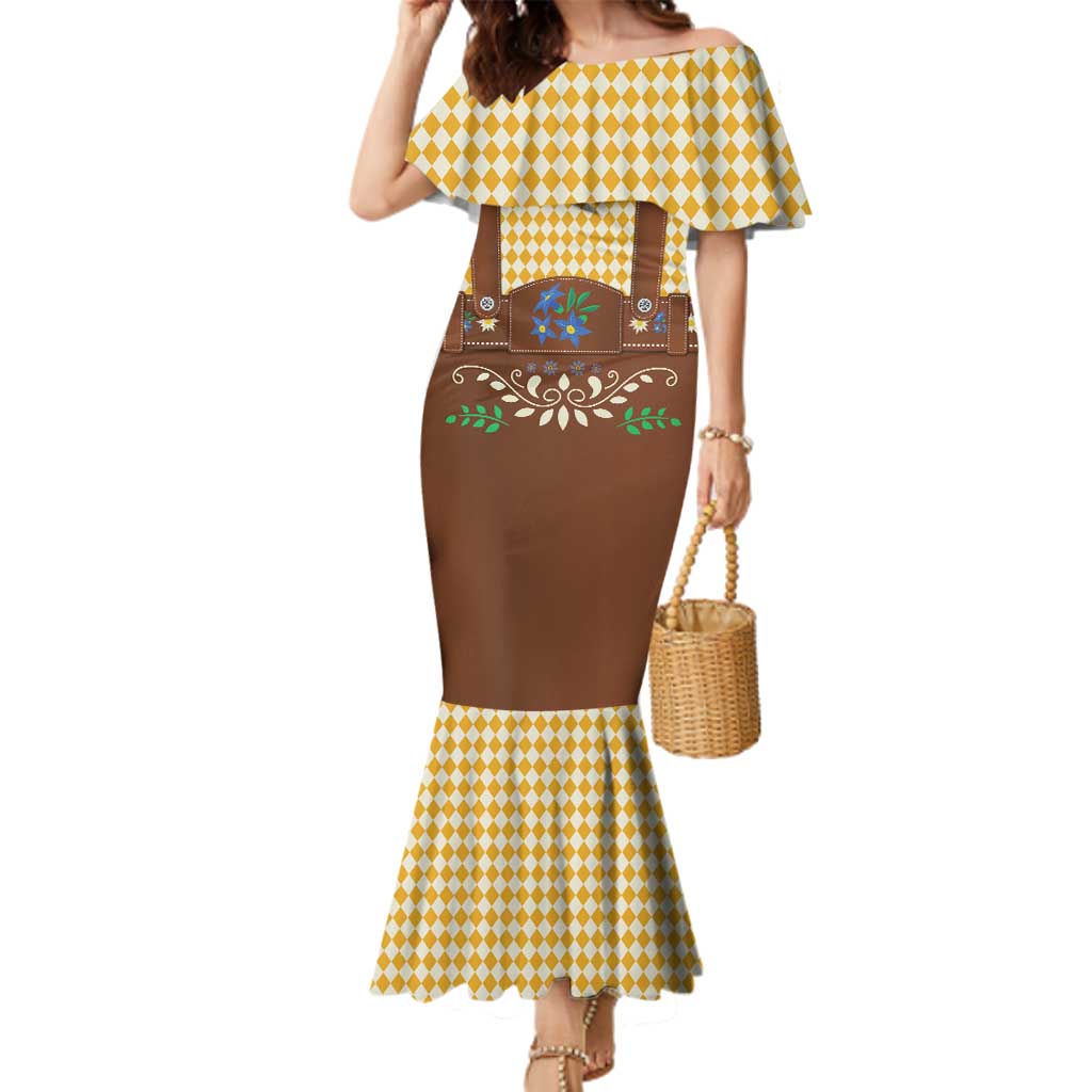 Lederhosen Oktoberfest Family Matching Mermaid Dress and Hawaiian Shirt Gold Edelweiss Floral Polka Dots - Wonder Print Shop