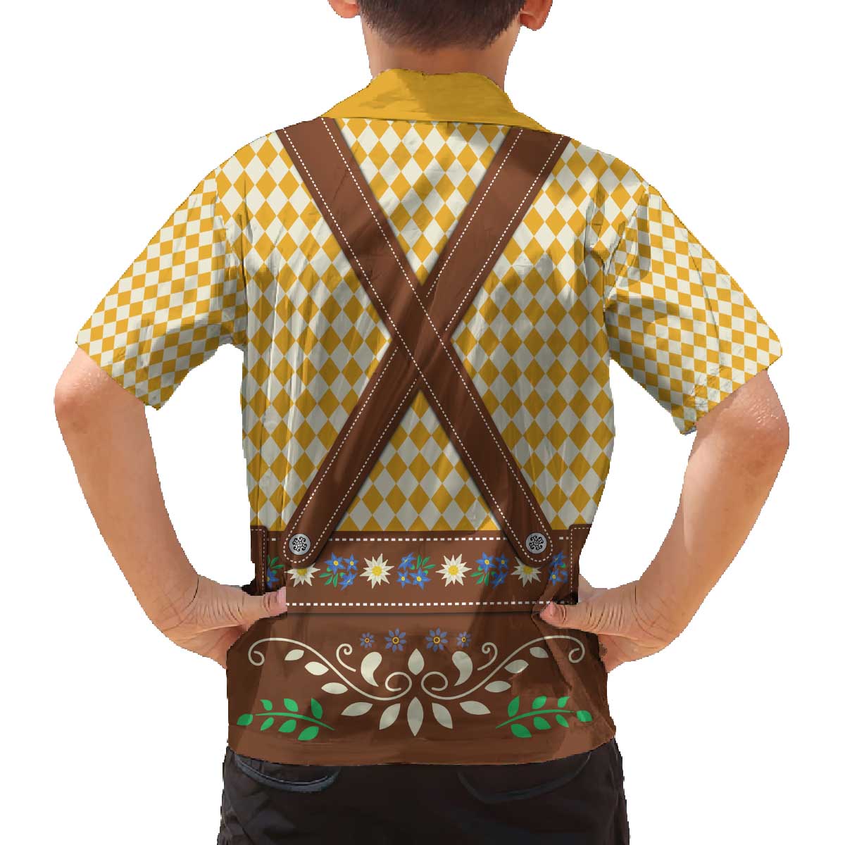 Lederhosen Oktoberfest Family Matching Off The Shoulder Long Sleeve Dress and Hawaiian Shirt Gold Edelweiss Floral Polka Dots - Wonder Print Shop