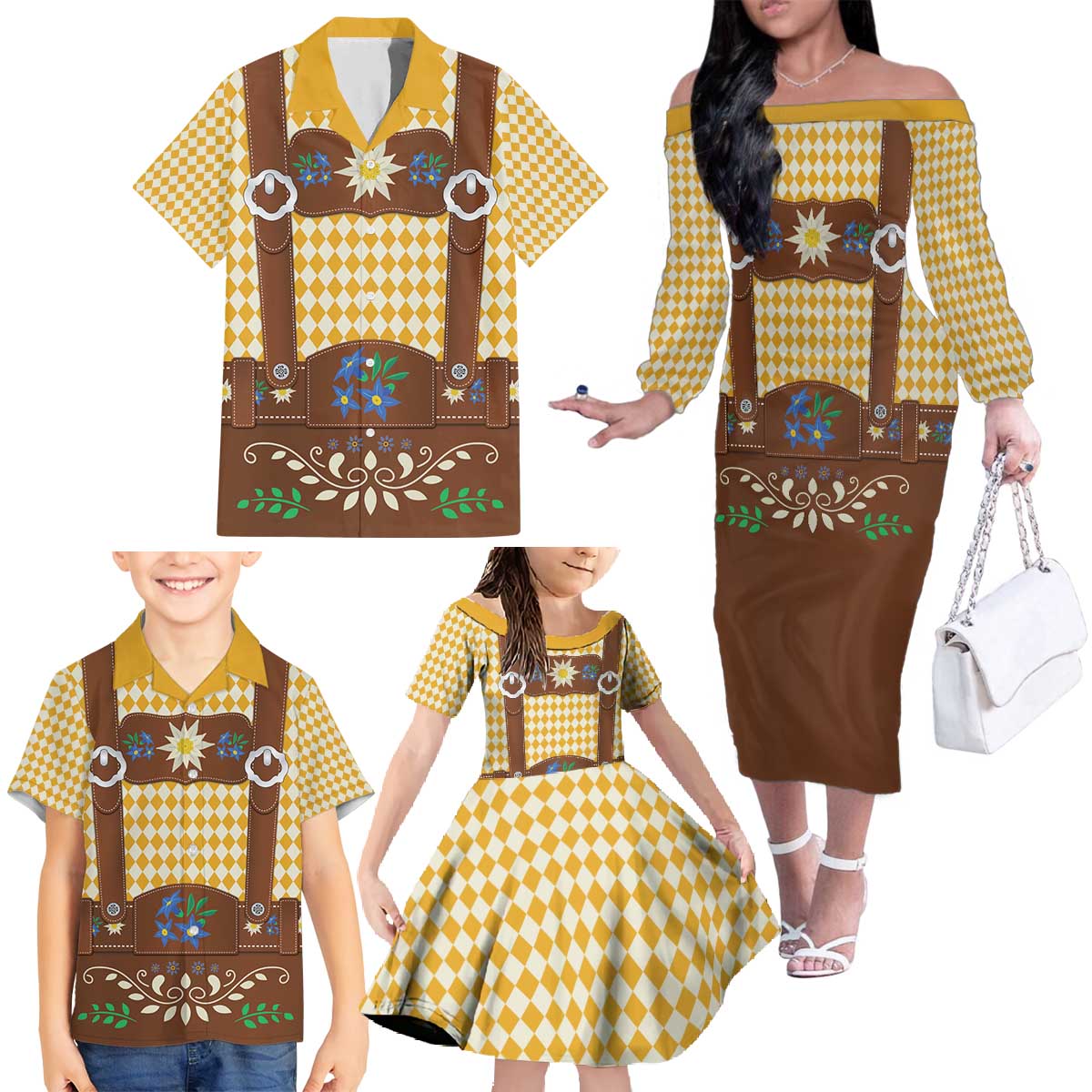 Lederhosen Oktoberfest Family Matching Off The Shoulder Long Sleeve Dress and Hawaiian Shirt Gold Edelweiss Floral Polka Dots - Wonder Print Shop