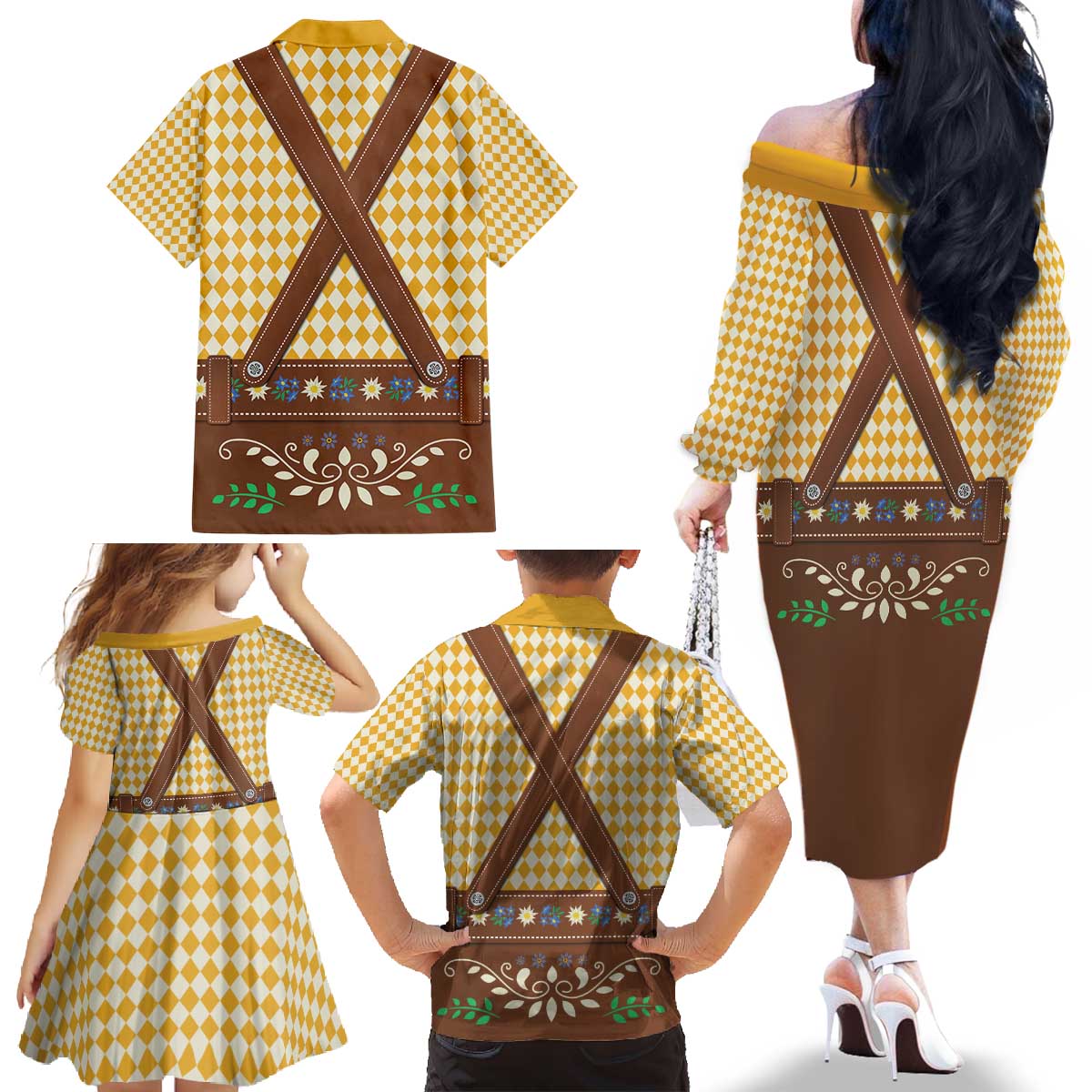 Lederhosen Oktoberfest Family Matching Off The Shoulder Long Sleeve Dress and Hawaiian Shirt Gold Edelweiss Floral Polka Dots - Wonder Print Shop