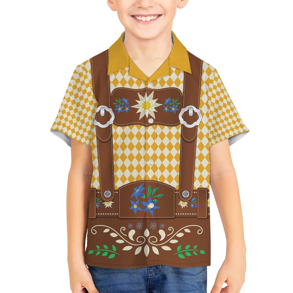 Lederhosen Oktoberfest Family Matching Off The Shoulder Long Sleeve Dress and Hawaiian Shirt Gold Edelweiss Floral Polka Dots - Wonder Print Shop