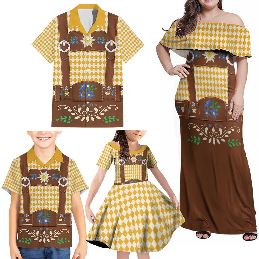 Lederhosen Oktoberfest Family Matching Off Shoulder Maxi Dress and Hawaiian Shirt Gold Edelweiss Floral Polka Dots - Wonder Print Shop