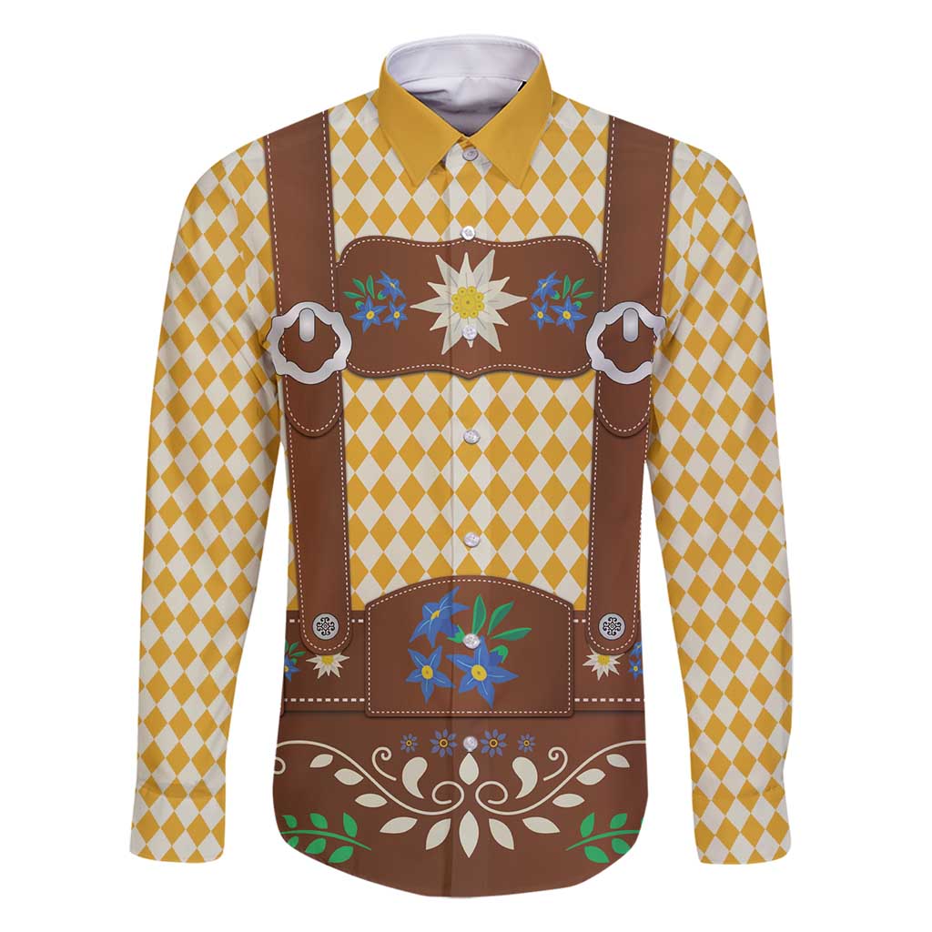 Lederhosen Oktoberfest Family Matching Off Shoulder Maxi Dress and Hawaiian Shirt Gold Edelweiss Floral Polka Dots - Wonder Print Shop