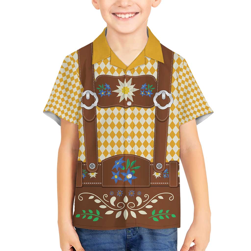 Lederhosen Oktoberfest Family Matching Off Shoulder Maxi Dress and Hawaiian Shirt Gold Edelweiss Floral Polka Dots - Wonder Print Shop