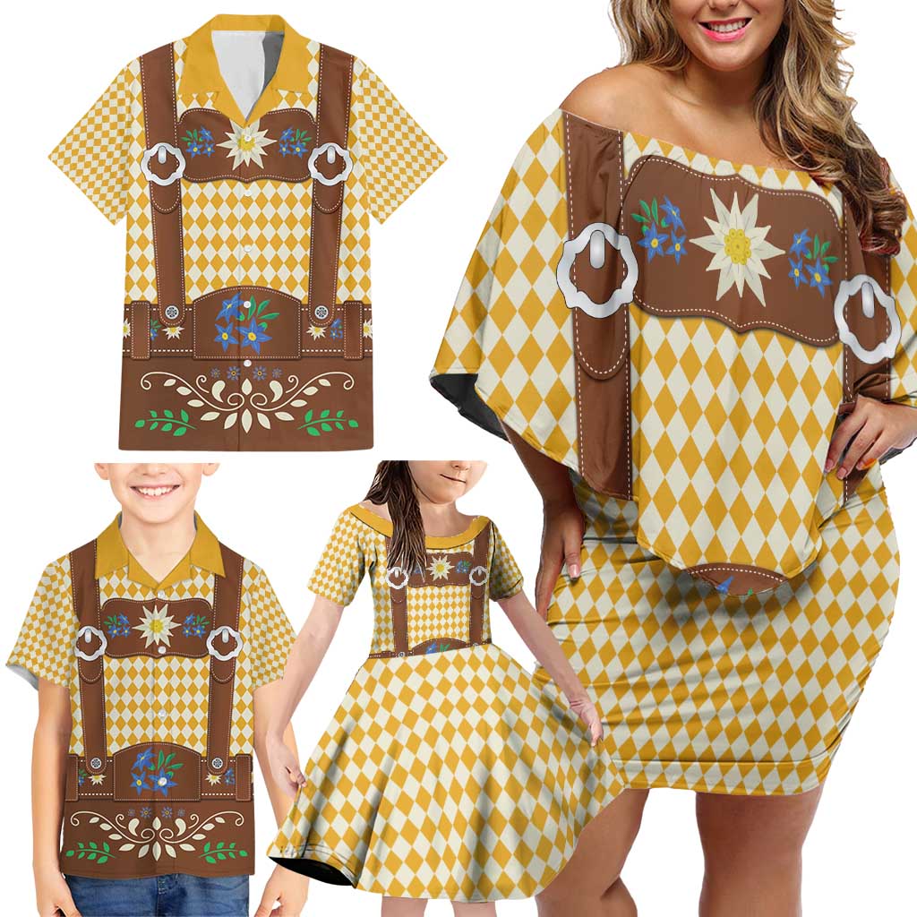Lederhosen Oktoberfest Family Matching Off Shoulder Short Dress and Hawaiian Shirt Gold Edelweiss Floral Polka Dots - Wonder Print Shop