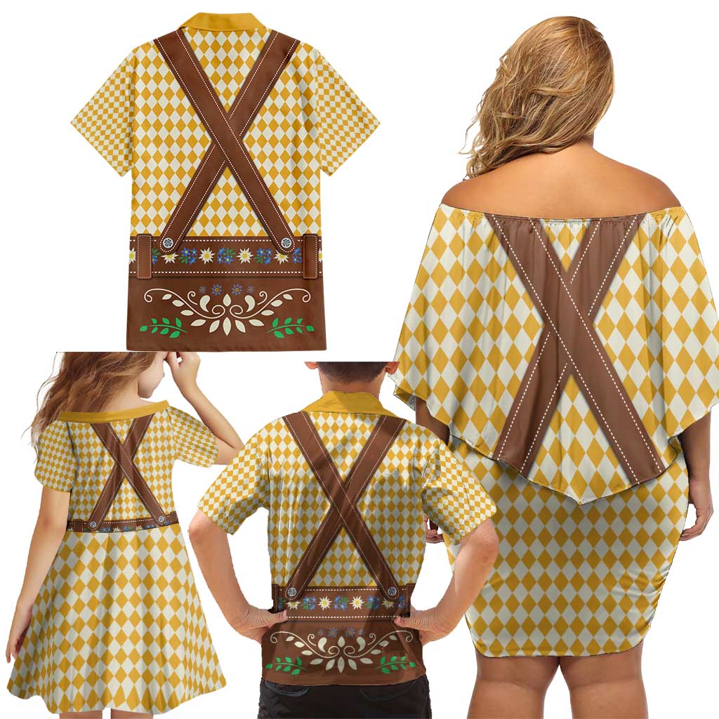 Lederhosen Oktoberfest Family Matching Off Shoulder Short Dress and Hawaiian Shirt Gold Edelweiss Floral Polka Dots - Wonder Print Shop