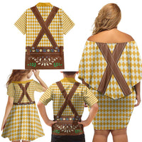 Lederhosen Oktoberfest Family Matching Off Shoulder Short Dress and Hawaiian Shirt Gold Edelweiss Floral Polka Dots - Wonder Print Shop