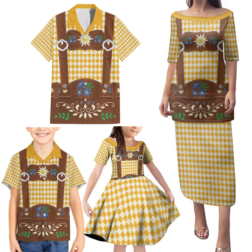 Lederhosen Oktoberfest Family Matching Puletasi and Hawaiian Shirt Gold Edelweiss Floral Polka Dots - Wonder Print Shop