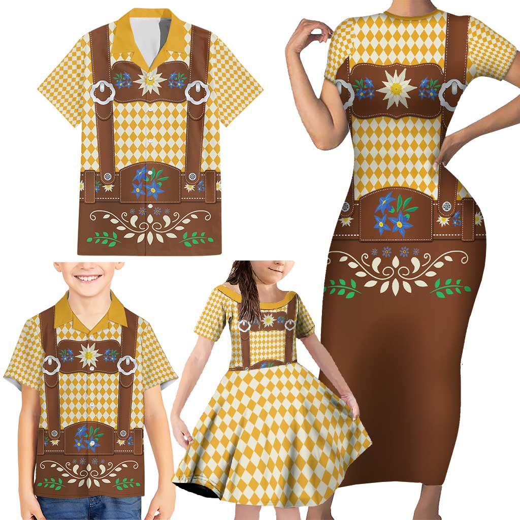 Lederhosen Oktoberfest Family Matching Short Sleeve Bodycon Dress and Hawaiian Shirt Gold Edelweiss Floral Polka Dots - Wonder Print Shop