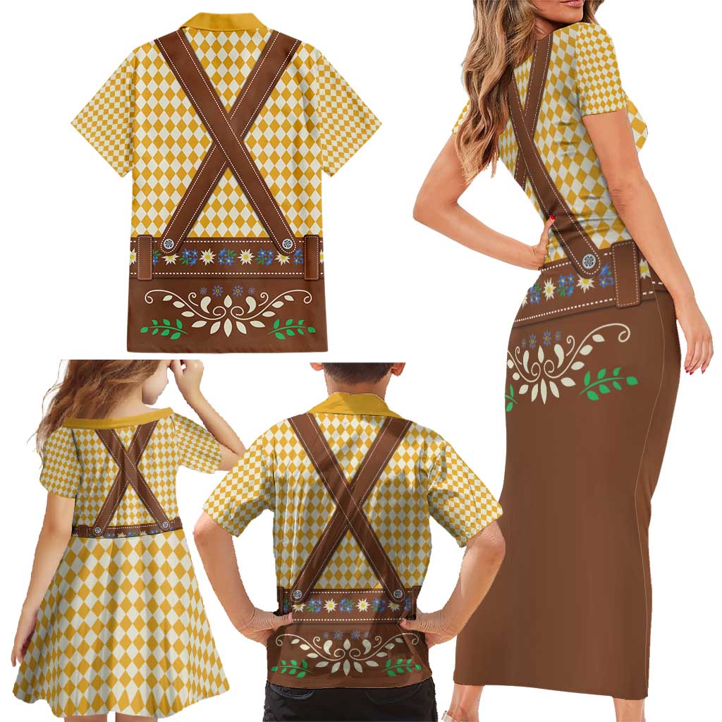 Lederhosen Oktoberfest Family Matching Short Sleeve Bodycon Dress and Hawaiian Shirt Gold Edelweiss Floral Polka Dots - Wonder Print Shop