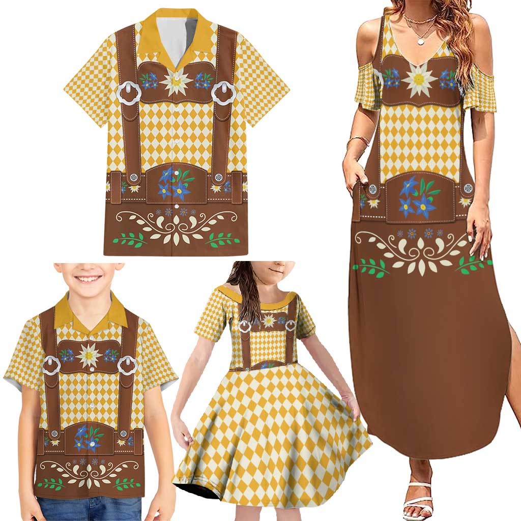 Lederhosen Oktoberfest Family Matching Summer Maxi Dress and Hawaiian Shirt Gold Edelweiss Floral Polka Dots - Wonder Print Shop