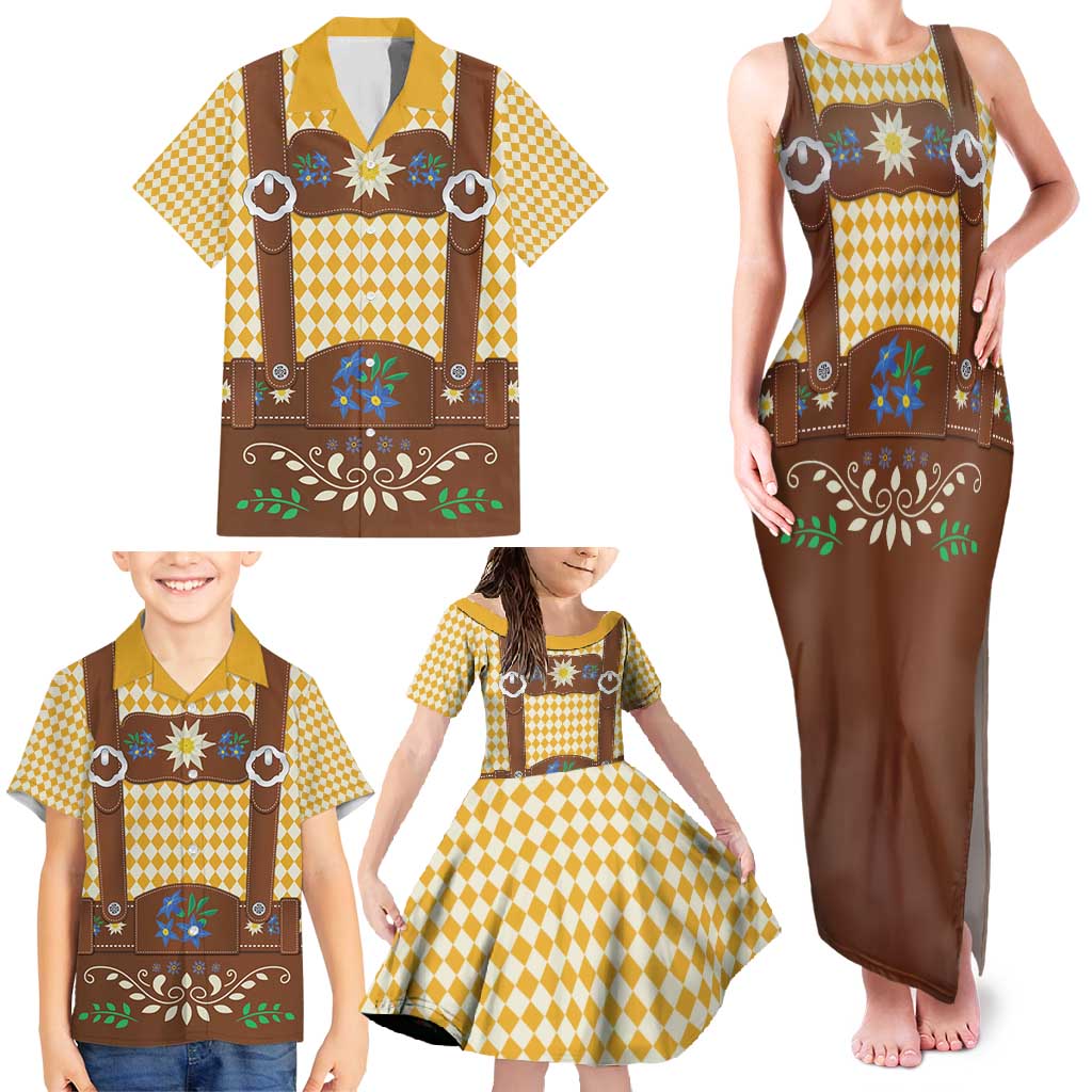 Lederhosen Oktoberfest Family Matching Tank Maxi Dress and Hawaiian Shirt Gold Edelweiss Floral Polka Dots - Wonder Print Shop