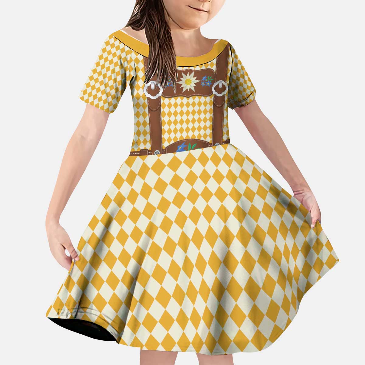 Lederhosen Oktoberfest Kid Short Sleeve Dress Gold Edelweiss Floral Polka Dots - Wonder Print Shop