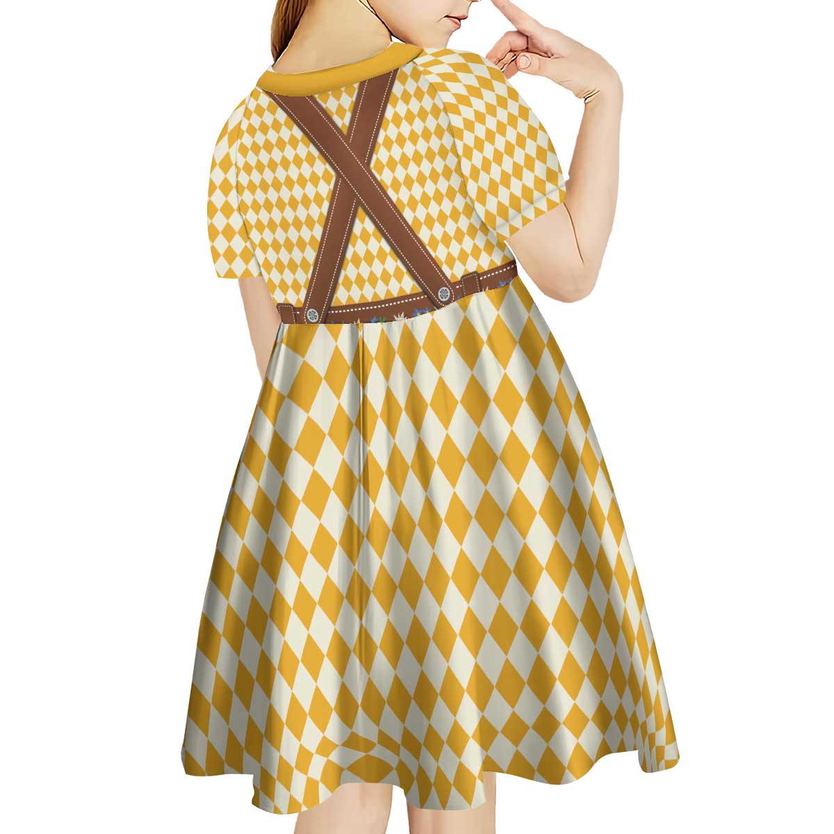 Lederhosen Oktoberfest Kid Short Sleeve Dress Gold Edelweiss Floral Polka Dots - Wonder Print Shop