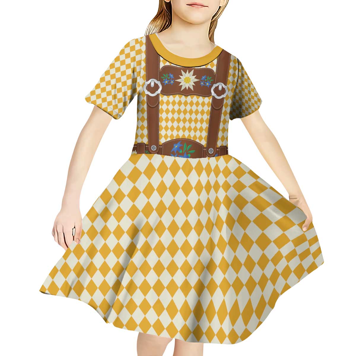 Lederhosen Oktoberfest Kid Short Sleeve Dress Gold Edelweiss Floral Polka Dots - Wonder Print Shop