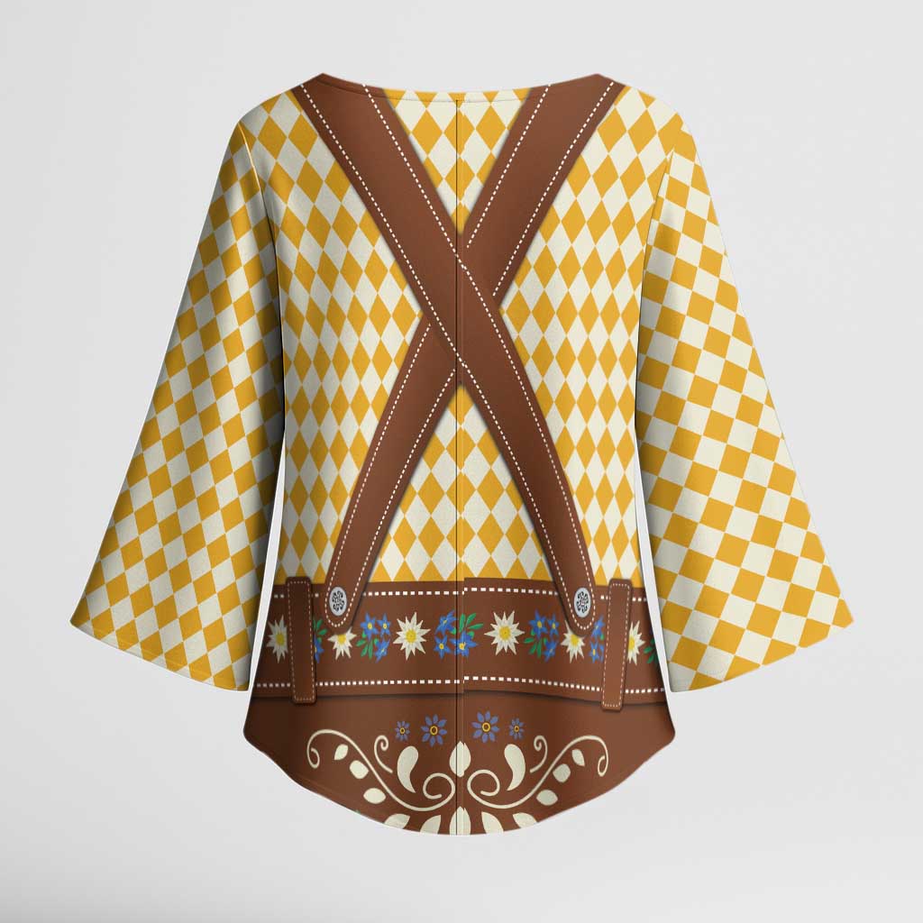 Lederhosen Oktoberfest Kimono Sleeve Blouse Gold Edelweiss Floral Polka Dots - Wonder Print Shop
