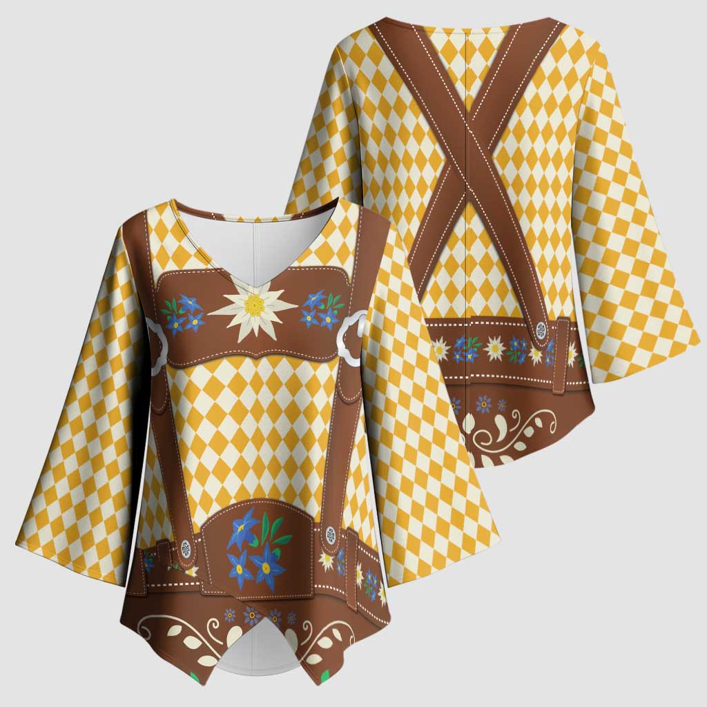 Lederhosen Oktoberfest Kimono Sleeve Blouse Gold Edelweiss Floral Polka Dots - Wonder Print Shop