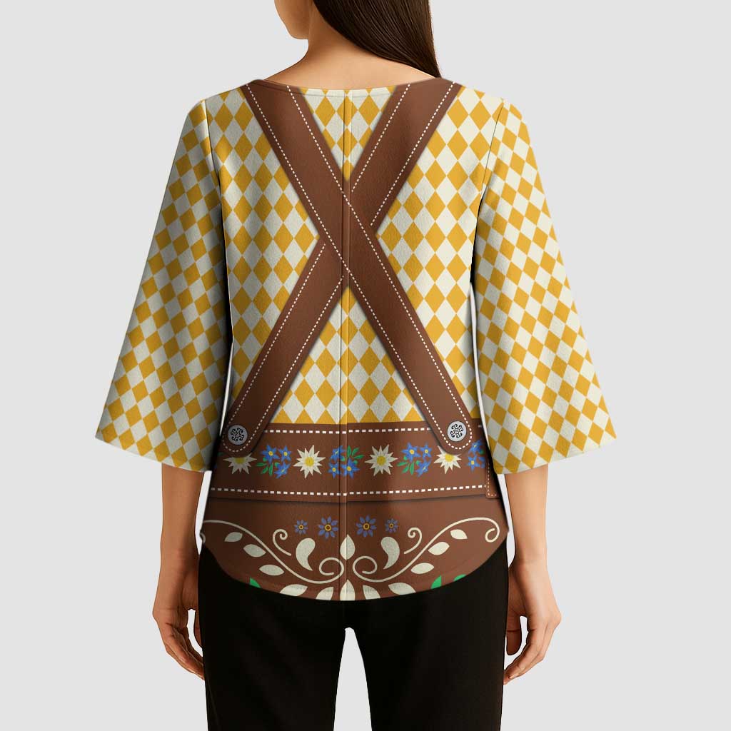 Lederhosen Oktoberfest Kimono Sleeve Blouse Gold Edelweiss Floral Polka Dots - Wonder Print Shop