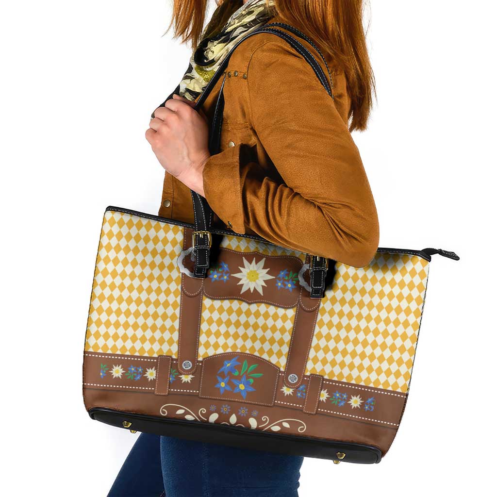 Lederhosen Oktoberfest Leather Tote Bag Gold Edelweiss Floral Polka Dots - Wonder Print Shop