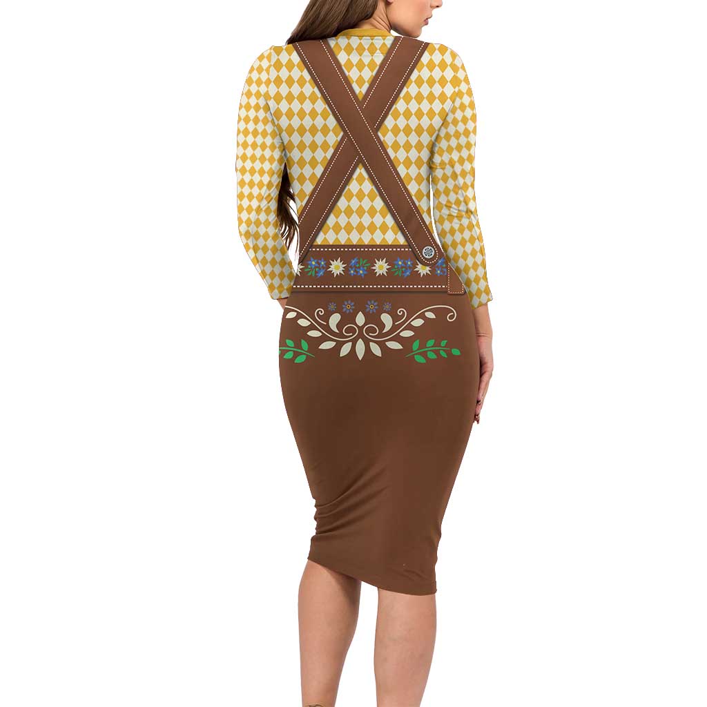 Lederhosen Oktoberfest Long Sleeve Bodycon Dress Gold Edelweiss Floral Polka Dots - Wonder Print Shop