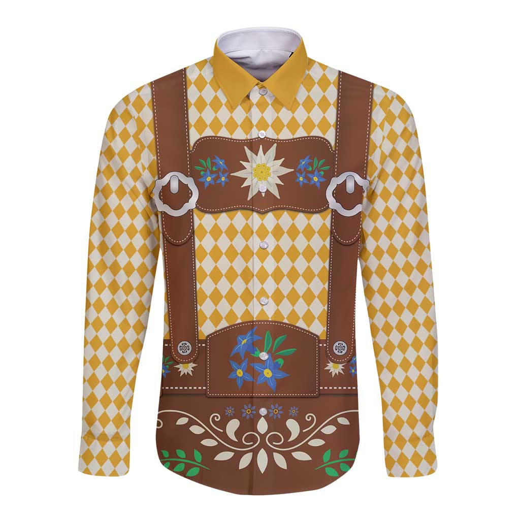 Lederhosen Oktoberfest Long Sleeve Button Shirt Gold Edelweiss Floral Polka Dots - Wonder Print Shop