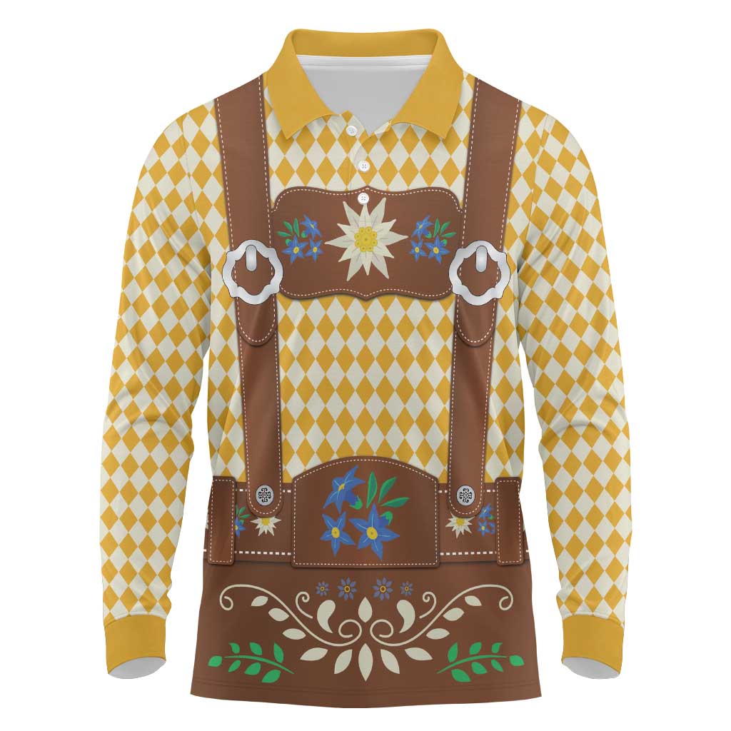 Lederhosen Oktoberfest Long Sleeve Polo Shirt Gold Edelweiss Floral Polka Dots - Wonder Print Shop