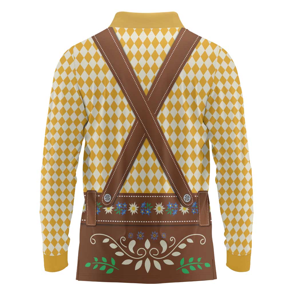 Lederhosen Oktoberfest Long Sleeve Polo Shirt Gold Edelweiss Floral Polka Dots - Wonder Print Shop