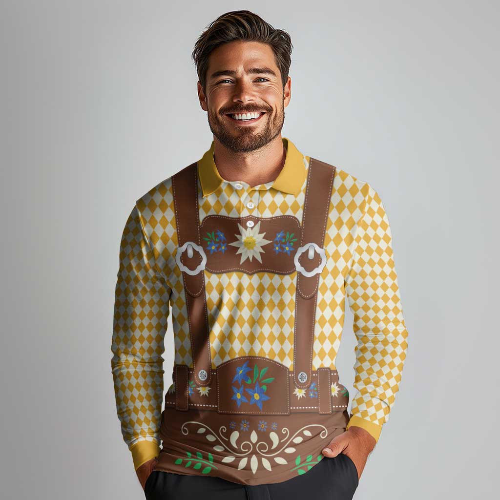 Lederhosen Oktoberfest Long Sleeve Polo Shirt Gold Edelweiss Floral Polka Dots - Wonder Print Shop