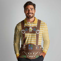 Lederhosen Oktoberfest Long Sleeve Polo Shirt Gold Edelweiss Floral Polka Dots - Wonder Print Shop