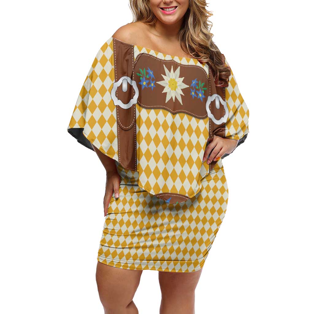 Lederhosen Oktoberfest Off Shoulder Short Dress Gold Edelweiss Floral Polka Dots - Wonder Print Shop