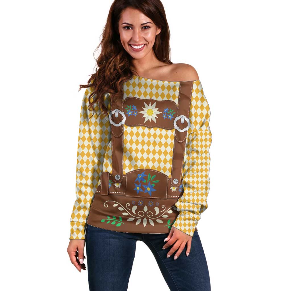 Lederhosen Oktoberfest Off Shoulder Sweater Gold Edelweiss Floral Polka Dots - Wonder Print Shop