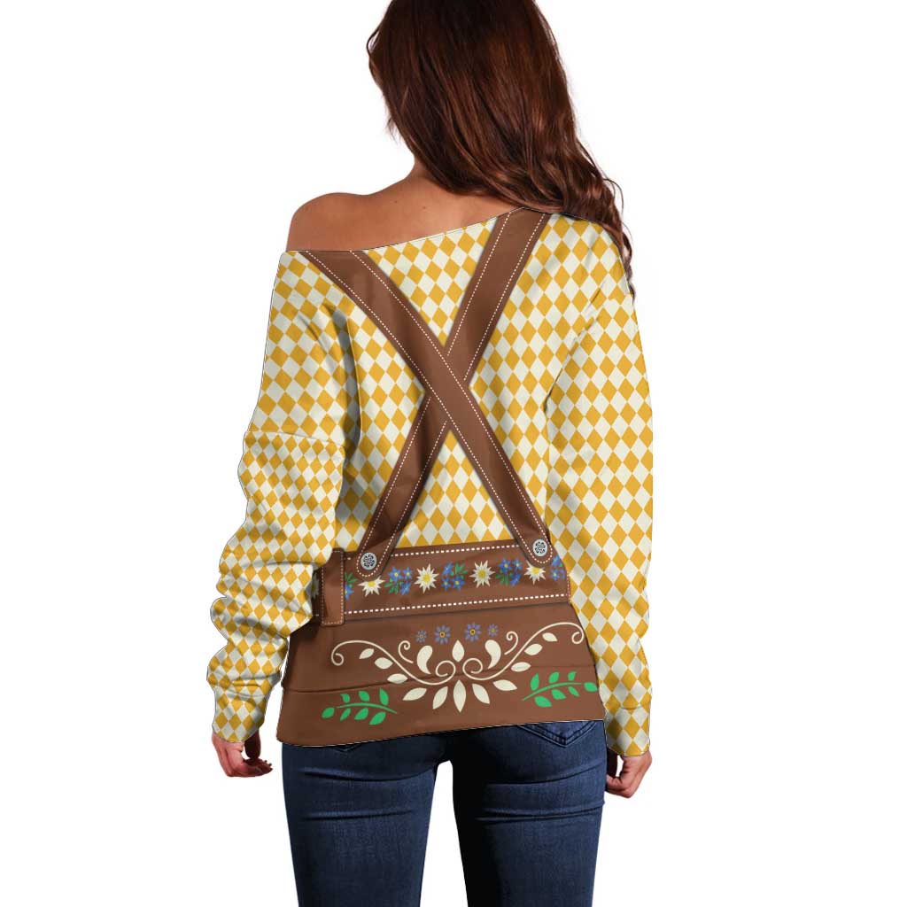 Lederhosen Oktoberfest Off Shoulder Sweater Gold Edelweiss Floral Polka Dots - Wonder Print Shop