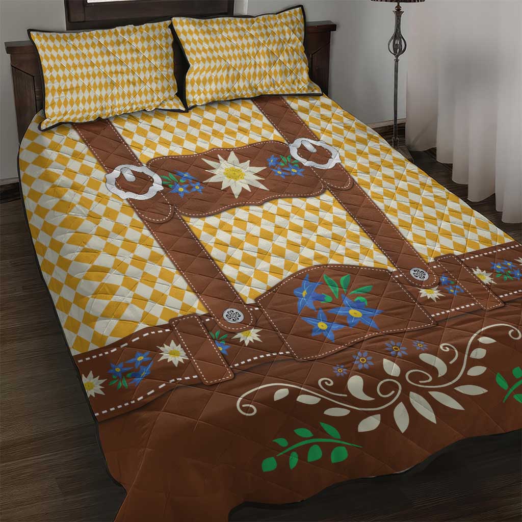 Lederhosen Oktoberfest Quilt Bed Set Gold Edelweiss Floral Polka Dots - Wonder Print Shop