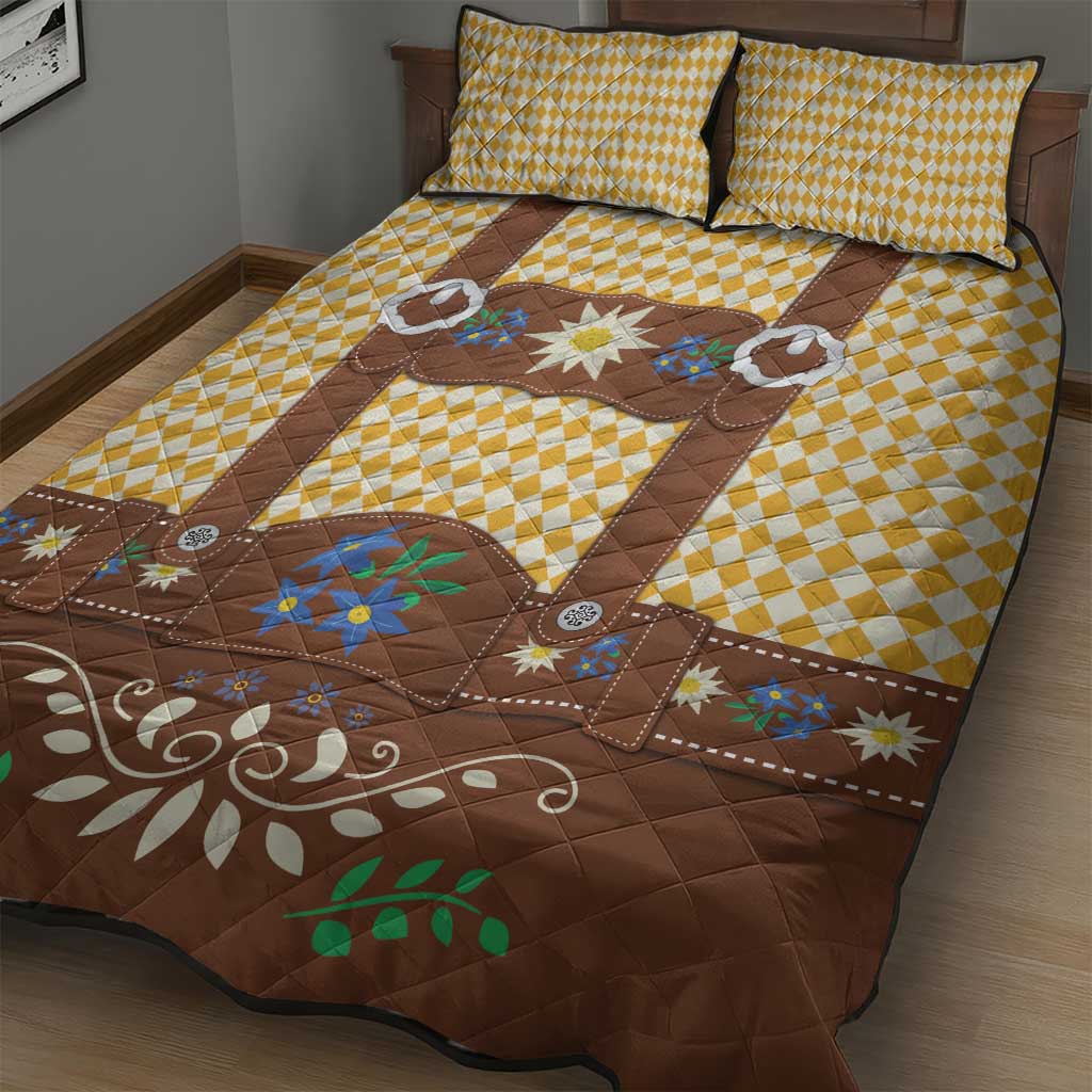 Lederhosen Oktoberfest Quilt Bed Set Gold Edelweiss Floral Polka Dots - Wonder Print Shop