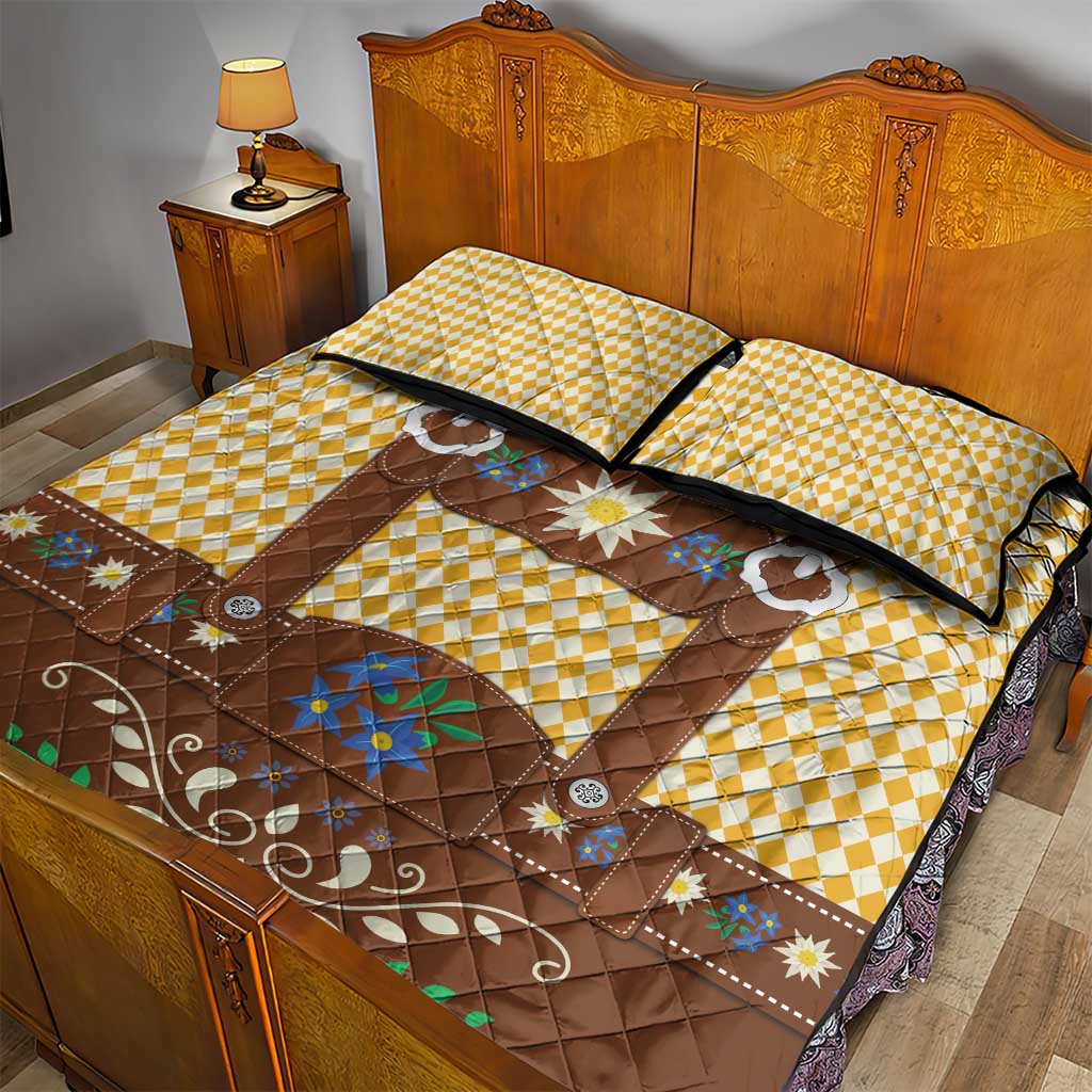 Lederhosen Oktoberfest Quilt Bed Set Gold Edelweiss Floral Polka Dots - Wonder Print Shop