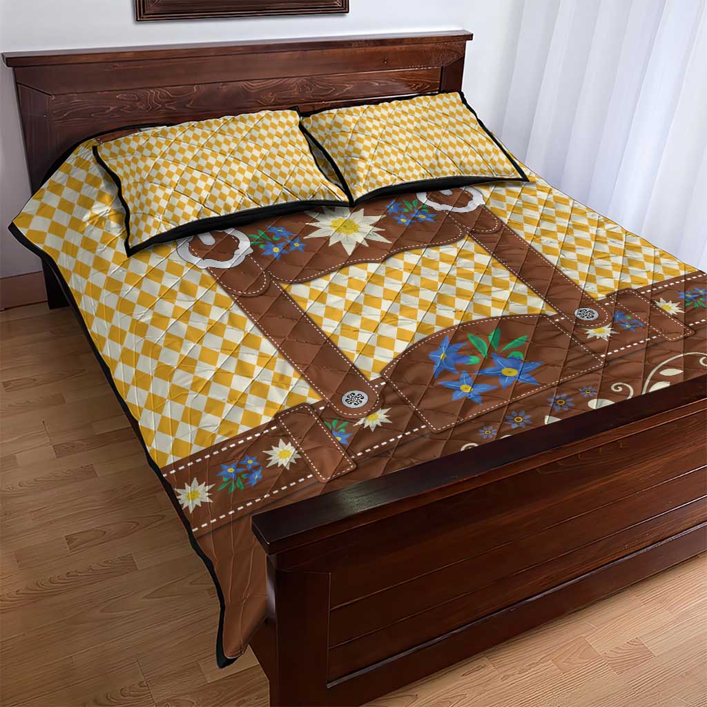 Lederhosen Oktoberfest Quilt Bed Set Gold Edelweiss Floral Polka Dots - Wonder Print Shop