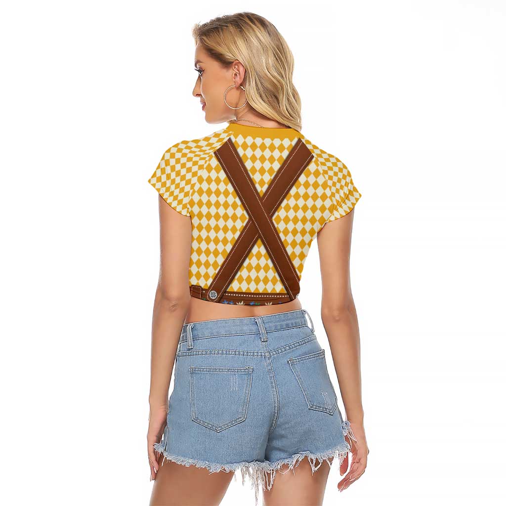 Lederhosen Oktoberfest Raglan Cropped T Shirt Gold Edelweiss Floral Polka Dots - Wonder Print Shop