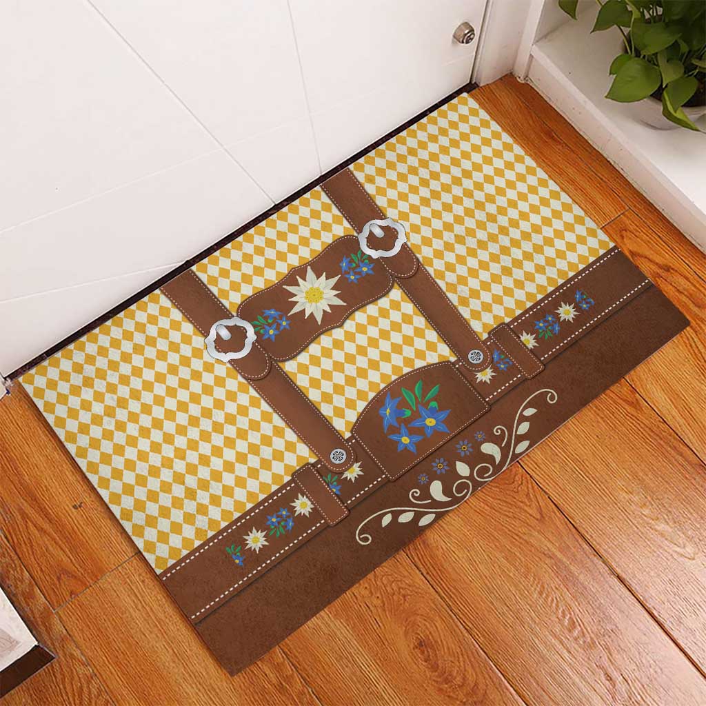 Lederhosen Oktoberfest Rubber Doormat Gold Edelweiss Floral Polka Dots - Wonder Print Shop