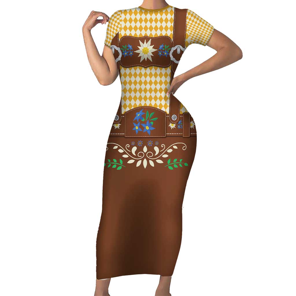 Lederhosen Oktoberfest Short Sleeve Bodycon Dress Gold Edelweiss Floral Polka Dots - Wonder Print Shop