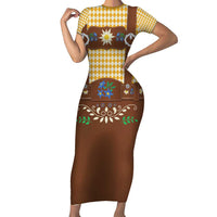 Lederhosen Oktoberfest Short Sleeve Bodycon Dress Gold Edelweiss Floral Polka Dots - Wonder Print Shop