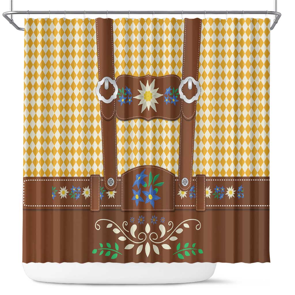 Lederhosen Oktoberfest Shower Curtain Gold Edelweiss Floral Polka Dots - Wonder Print Shop