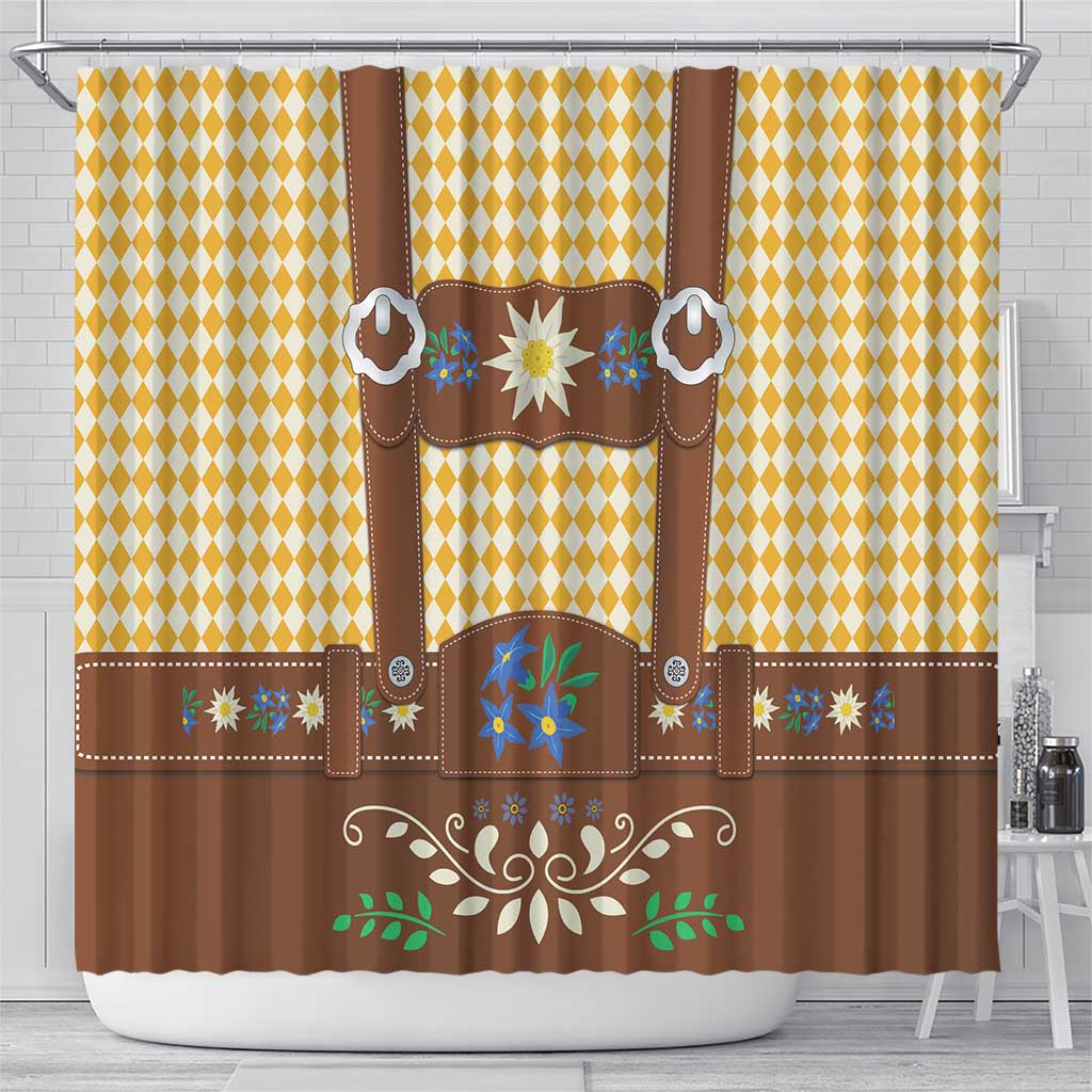 Lederhosen Oktoberfest Shower Curtain Gold Edelweiss Floral Polka Dots - Wonder Print Shop