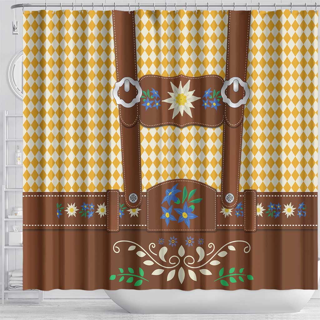 Lederhosen Oktoberfest Shower Curtain Gold Edelweiss Floral Polka Dots - Wonder Print Shop