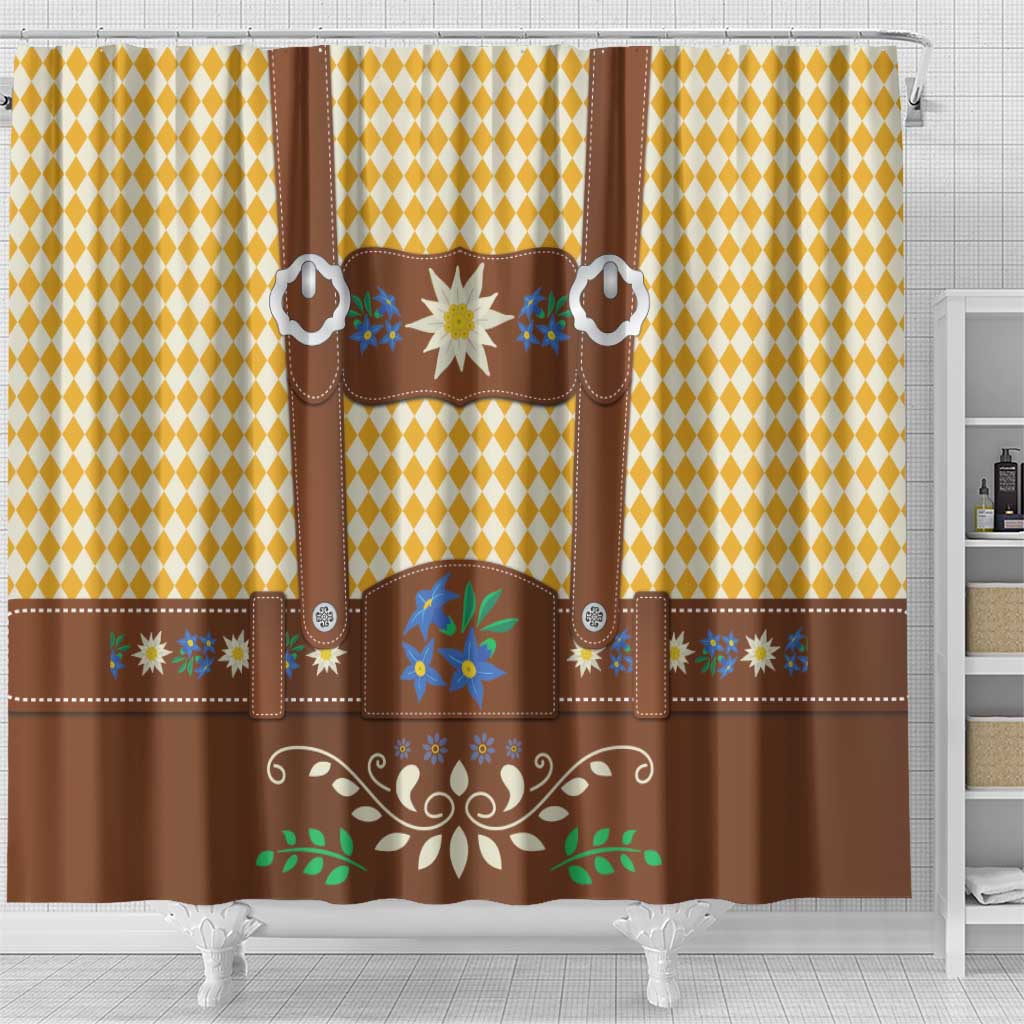 Lederhosen Oktoberfest Shower Curtain Gold Edelweiss Floral Polka Dots - Wonder Print Shop