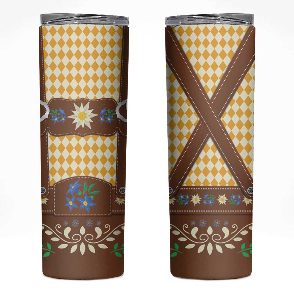 Lederhosen Oktoberfest Skinny Tumbler Gold Edelweiss Floral Polka Dots - Wonder Print Shop
