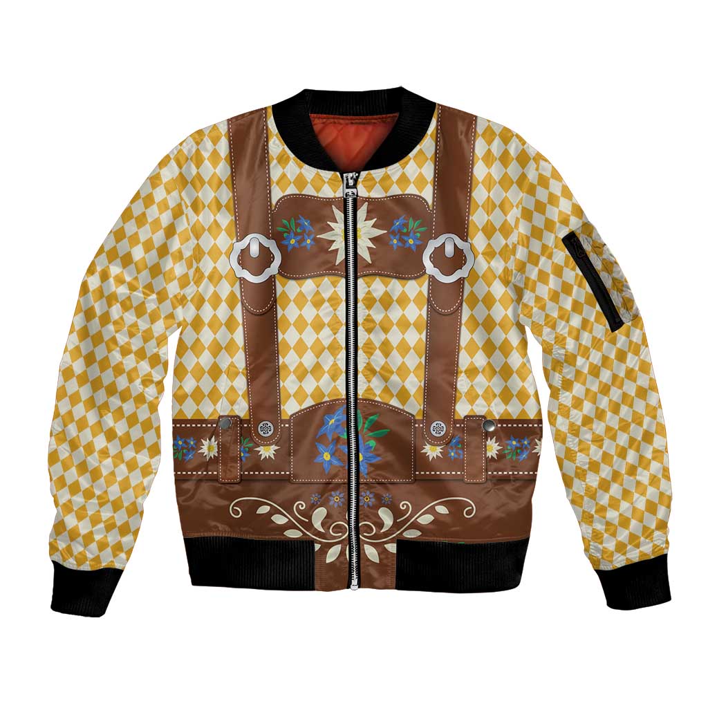 Lederhosen Oktoberfest Sleeve Zip Bomber Jacket Gold Edelweiss Floral Polka Dots - Wonder Print Shop