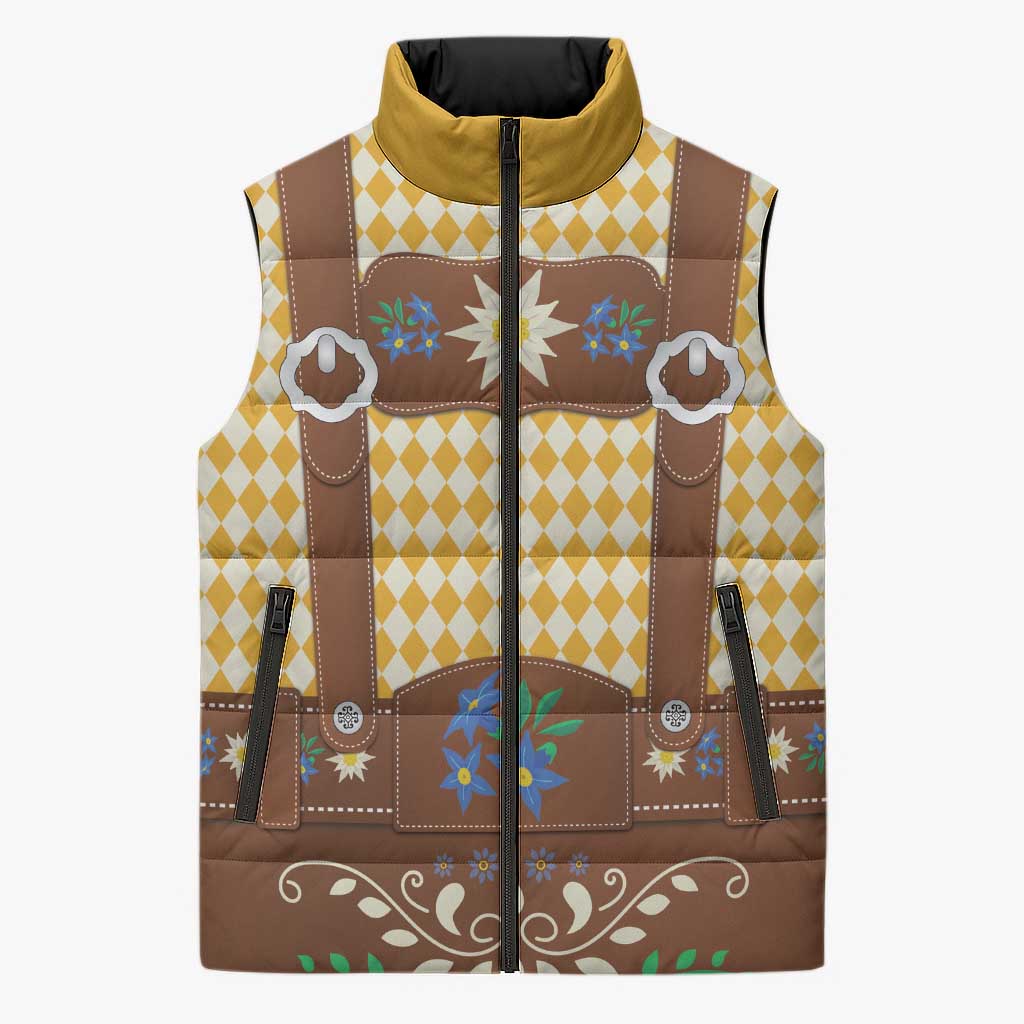 Lederhosen Oktoberfest Sleeveless Puffer Jacket Gold Edelweiss Floral Polka Dots - Wonder Print Shop