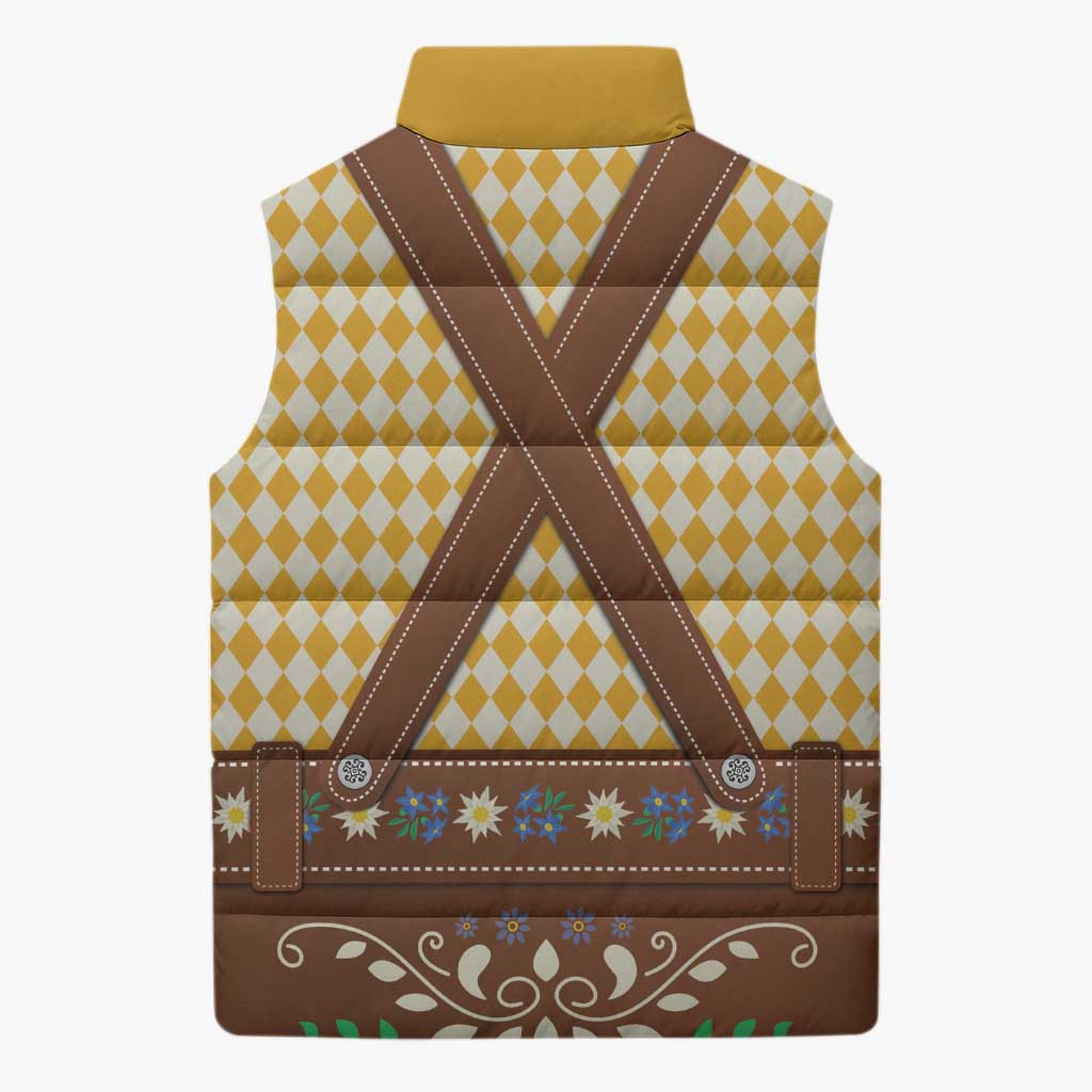 Lederhosen Oktoberfest Sleeveless Puffer Jacket Gold Edelweiss Floral Polka Dots - Wonder Print Shop