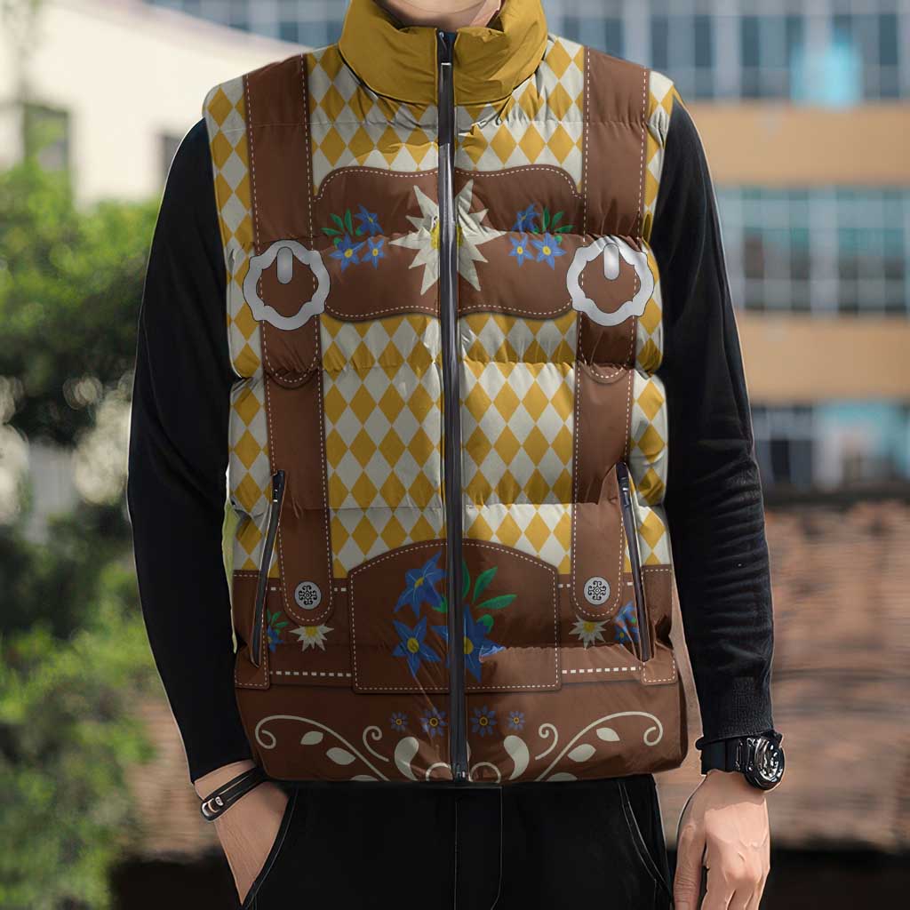 Lederhosen Oktoberfest Sleeveless Puffer Jacket Gold Edelweiss Floral Polka Dots - Wonder Print Shop